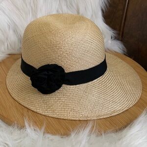 Tracey Tooker | Tan Straw Black Ribbon Floral Bow Beach Garden Golf Brim Sun Hat